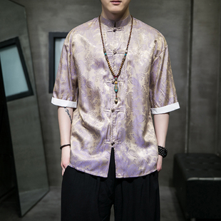 中国风短袖t恤夏季冰丝半袖，唐装衬衫新中式男装休闲盘扣立领衬衣
