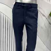 男士西裤直筒合体羊毛微厚面料免烫中腰时尚商务休闲蓝色条纹