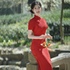 红色高档蕾丝长款旗袍改良版2024年气质高端复古回娘家走秀连衣裙