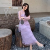 丁香紫色蕾丝拼接网纱绣花长袖圆领性感，透视长裙设计感修身连衣裙