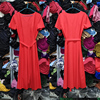 天素大红色v领连衣裙，简洁气质长裙，小a摆系腰带短袖抗皱涤麻混纺