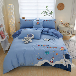 儿童床上用品可爱卡通纯棉四件套1.5床笠蓝色100全棉床单被套男孩