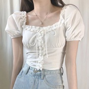 韩国chic夏季减龄泡泡袖露肩，衬衫女一字领系带设计感短款雪纺上衣