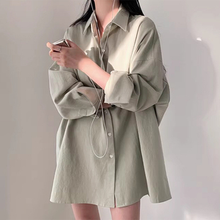韩国chic夏季设计感小众POLO领单排桃心纽扣宽松长款纯色长袖衬衫