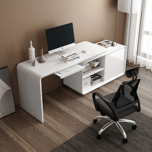 家用电脑桌办公家具，简约台式旋转转角白色，烤漆书桌书架书柜组合
