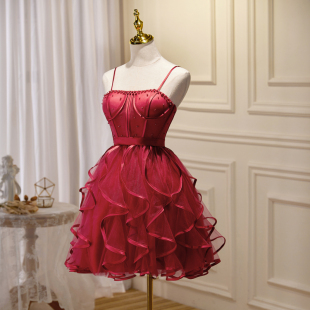 红色吊带礼服裙重工聚会气质小个子短款新娘敬酒服年会主持人宴会