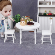 112娃娃屋dollhouse迷你家具，厨房3件套白色迷你餐桌小清新餐椅