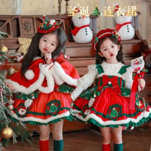 kw家儿童圣诞节服装麋鹿印花连衣裙红色斗篷冬季女童洛丽塔公主裙