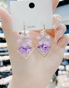 s925银针耳环樱花紫色锆石水晶，耳饰女韩网红大气，长款流苏耳坠