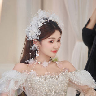 新娘头饰流苏发箍花朵，颈链婚纱礼服白色，超仙韩式造型绢纱发饰套装