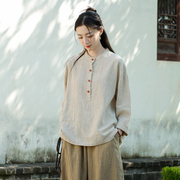 新中式女装2024国风立领套头，盘扣上衣春棉麻文艺禅意茶服衬衫