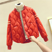 韩国橘红色棒球服女秋冬季短款加厚羽绒，棉外套小个子轻薄棉衣