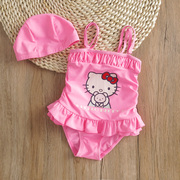 儿童游泳衣粉色kitty甜美可爱卡通公主小女孩宝宝，裙式连体泳装温