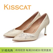 kisscat接吻猫2024春款细高跟尖头水钻，女单鞋婚鞋宴会鞋