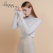 海尔曼斯2020秋冬女装两翻领羊毛衫，白色针织衫套头，高领毛衣打底衫