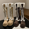 高筒靴加厚绒大棉女鞋，冬季雪地靴厚底，保暖长靴松糕跟长筒靴子绑带