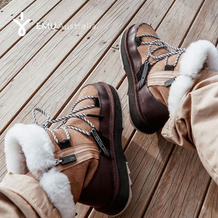 emuaustralia雪地靴女款防水羊皮靴，澳洲羊毛保暖皮毛一体时尚短靴