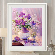 纯手工十字绣棉布成品，百合花瓶卧室欧式紫色优雅紫玫瑰风景装饰画