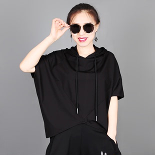 2024夏潮新韩版宽松显瘦连帽抽带个性，版女士短袖，t恤上衣蝙蝠袖t恤