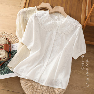 2023夏季娃娃领镂空刺绣，白色衬衫女短袖，衬衣宽松减龄遮肚上衣