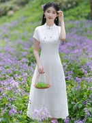 白色奥黛旗袍连衣裙2023年夏气质(夏气质)夏季纯色素雅日常可穿年轻款