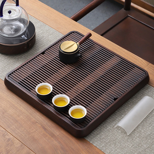 竹制胡桃色序言储排两用茶盘，家用简约正方形干泡茶台茶海茶具配件