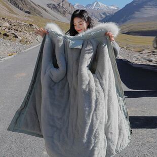工装棉衣女冬季2023年中长款宽松加绒加厚羊羔毛外套(毛外套)大码收腰棉服