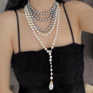 欧美小众小香风高级感多种戴法珍珠长款项链法式复古多层毛衣链女