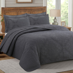 深灰纯棉床盖三件套加大绣花衍缝被加棉绗缝，床单纯色外贸欧式床罩