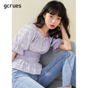 gcrues紫色收腰短袖上衣女褶皱方领泡泡袖衬衫甜美气质小衫短袖