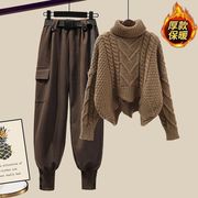 大码女装春秋季套装2023显瘦高龄针织衫毛衣，休闲工装裤两件套