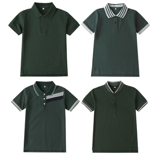 儿童墨绿色polo衫夏季英伦学院，深绿翻领半袖，t恤棉小学生短袖校服