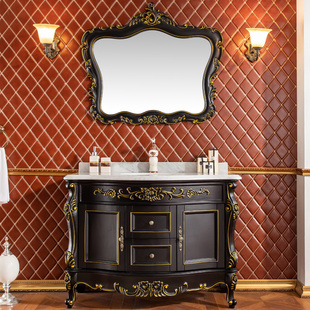 欧式浴室柜厕所洗漱台橡木黑色，描金银洗脸盆柜组合实木简欧卫浴柜