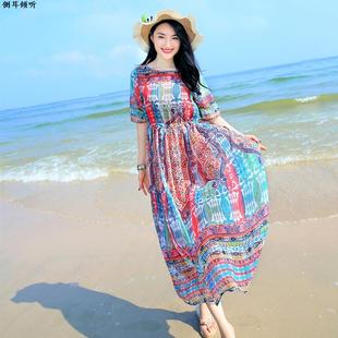 巴厘岛波西米亚显瘦中袖印花连衣裙女中长款沙滩海边度假海滩裙夏