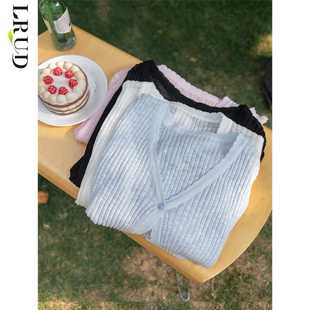 LRUD短款防晒衫女夏季长袖薄款镂空白色空调衫v领针织开衫上衣