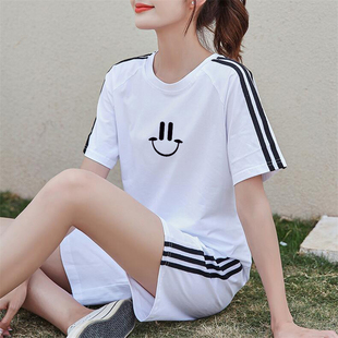 纯棉运动套装女2024夏季韩版宽松大码洋气，减龄短袖阔腿短裤两件套