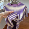 港味紫色条纹短袖t恤女夏季2023年经典基础，棉质宽松大码上衣