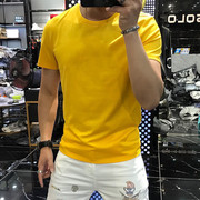 黄色短袖T恤男夏2023丝光棉圆领半袖男装纯色大码体恤简单款T