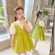 网红女宝宝夏季纯色2件套装连衣裙时尚休闲儿童上衣短袖T恤衫