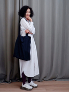 姜欢设计 春夏款白色高织纯棉小立领衬衫式长款气质款显瘦连衣裙