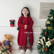 儿童红色针织连衣裙2023冬季韩版女孩加厚中长款毛衣裙外套潮