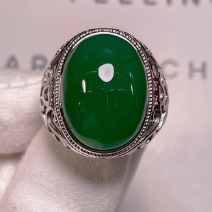 天然祖母绿玉髓玛瑙戒指，绿宝石翡翠色银镶嵌复古霸气男士活口指环