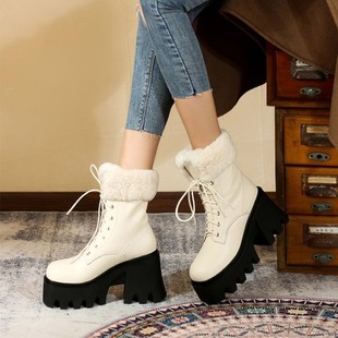 厚底雪地靴女冬季真皮羊毛系带短靴10厘米超高跟加厚棉鞋马丁靴