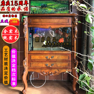 美式实木鱼缸水族箱家用高端复古欧式雕花，客厅落地生态鱼缸柜定制