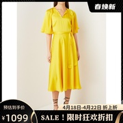 英国TED短袖连衣裙礼服裙亮黄色中长款大摆纯色系带优雅气质