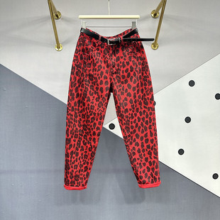 欧洲站红色豹纹牛仔裤，女2024春季装百搭高腰，显瘦萝卜哈伦裤潮
