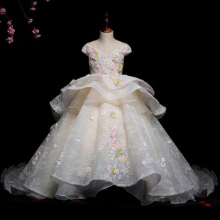 女童公主裙2024拖尾儿童礼服，钢琴演出服模特，走秀礼服齐地白色