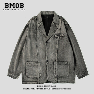 BMOB高级设计感复古牛仔西装外套男女潮牌美式高街头工装做旧夹克