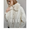 ELLE米白色毛领PU皮短款外套女2023冬装高级感超好看保暖外套