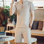 中国风亚麻短袖t恤运动套装夏装复古短袖体恤短裤，2件套运动跑步服